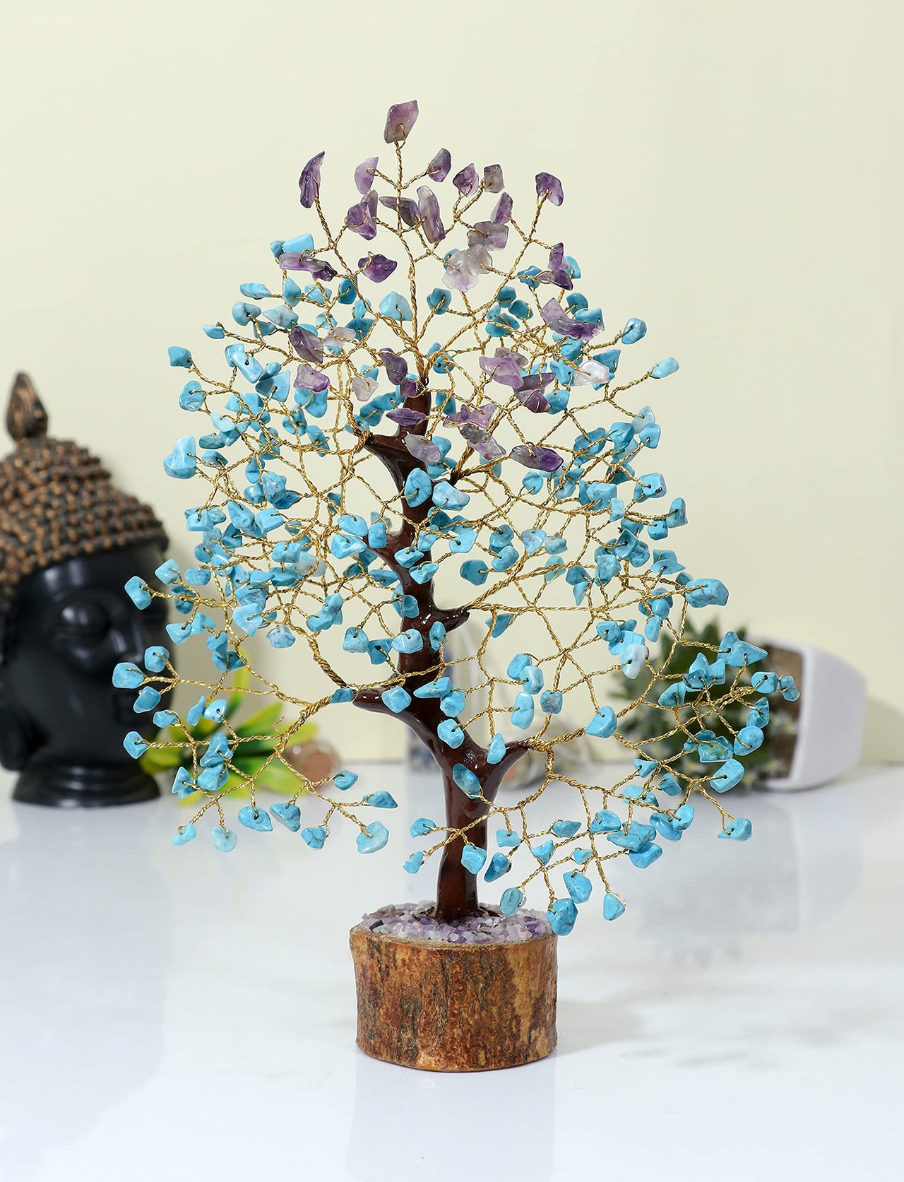 Amethyst & Turquoise Gemstone Tree, Crystal Tree of Life, Feng Shui Bonsai, Money Tree, Healing Tree - Home Decoration, Good Luck Figurine, Gem Tree for Positive Energy, Chakra Tree of Life, Gift Amethyst + Turquoise (Copper Wire)