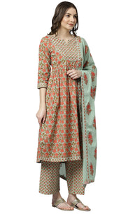 Janasya Women's  Light Green Cotton Kurta With Palazzo And Dupatta