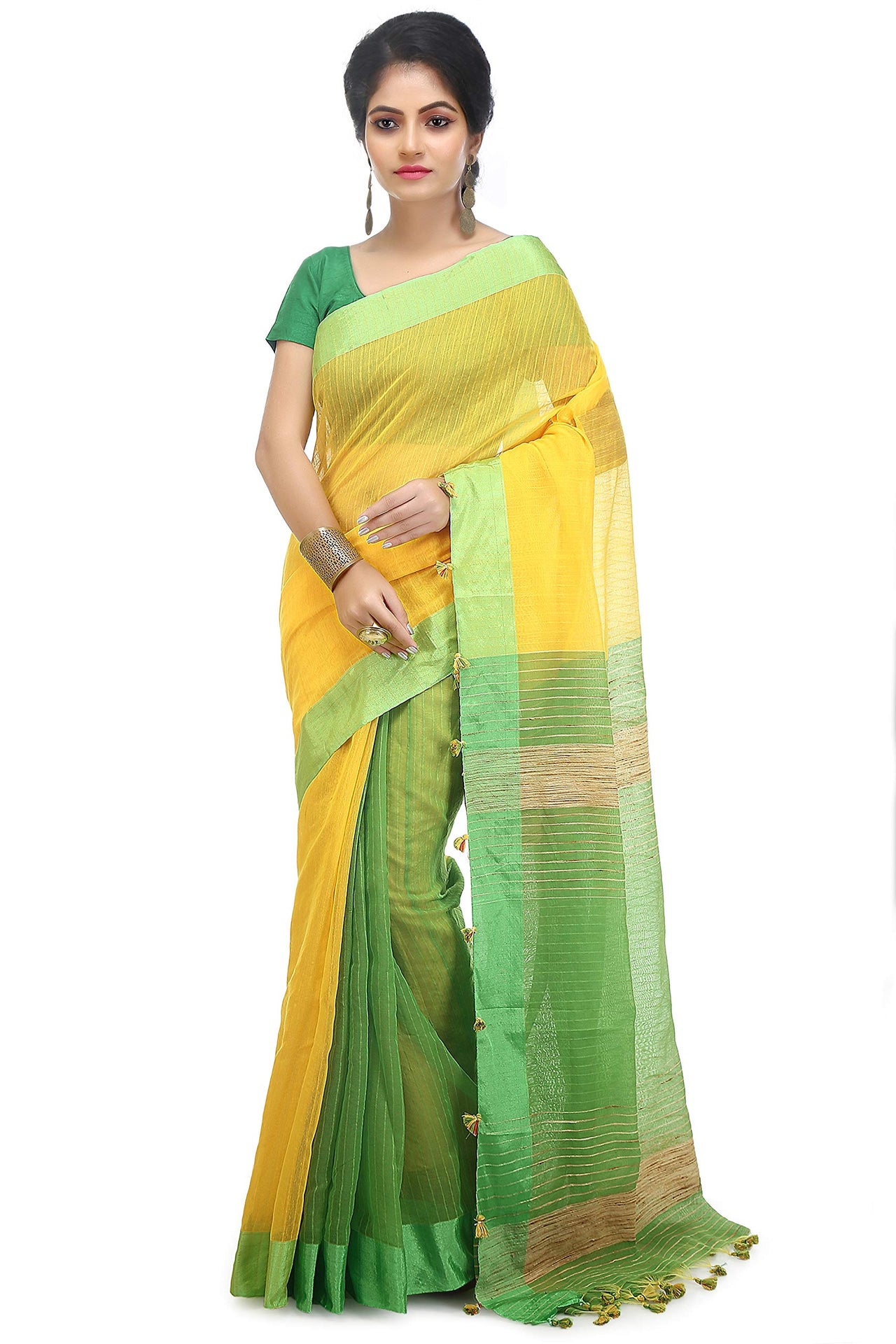 BENGAL HANDLOOM Women's  Art Silk Cotton Stripe Saree With Blouse Piece