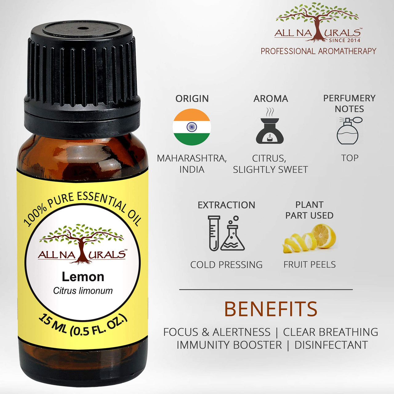All Naturals Lemon (Maharashtra) Essential Oil 100% Pure for Pigmentation, Itchiness and Freshness - 15 mL