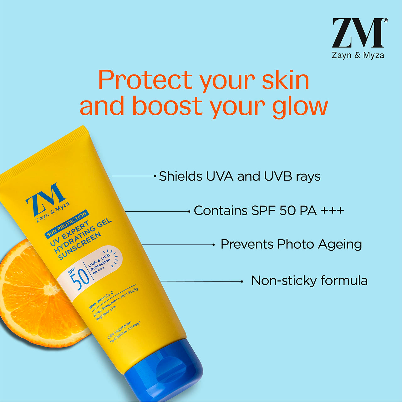 ZM Vitamin C UV Expert Hydrating Gel Sunscreen SPF 50 PA +++ For Bright & Glowing Skin | Non-Greasy, Quick-Absorbing | No White Cast | UVA UVB Sun Protection | Sunscreen For Women & Men - 50 gm