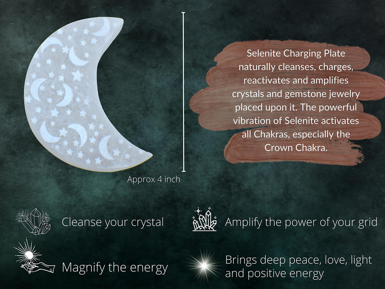 Selenite Crystal Charging Plate For Crystals And Healing Stones, 4.5" Selenite Crystal Plate Engraved Crescent Moon & Star Coaster For Home Office Table Decor (Selenite Crescent Moon)