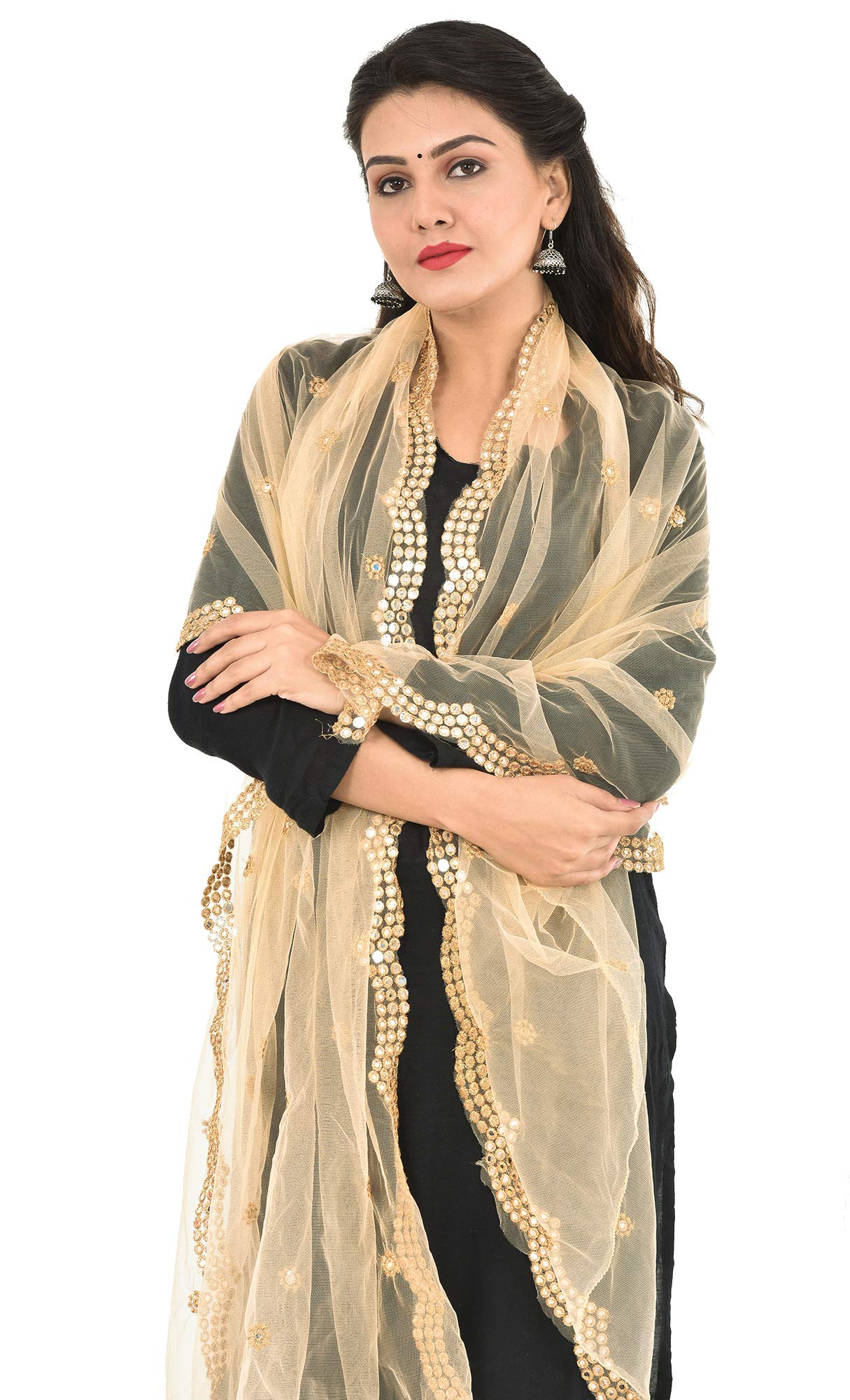 YOUTHQUAKE Heavy Embellished Plastic Mirror Net Dupatta for Womens & Girls