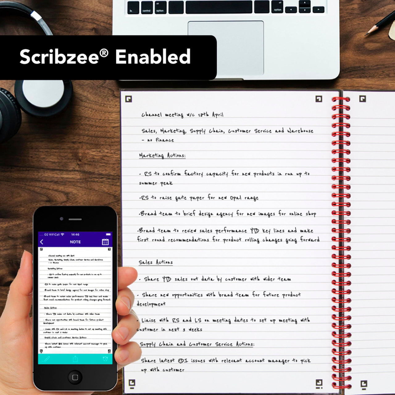 Black n' Red Notebook, Business Journal, 11" x 8-1/2", 70 Sheets, Ruled, Optik Paper, Scribzee App, Hardcover, Wirebound, Black (K67030)