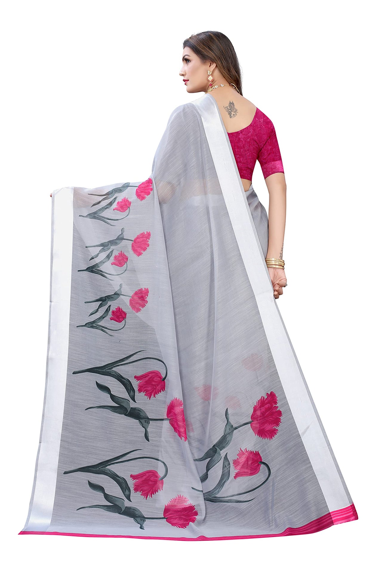 Tarshika Women's  Linen Blend Printed Saree With Blouse Piece(LINEN SAREE_NEW)