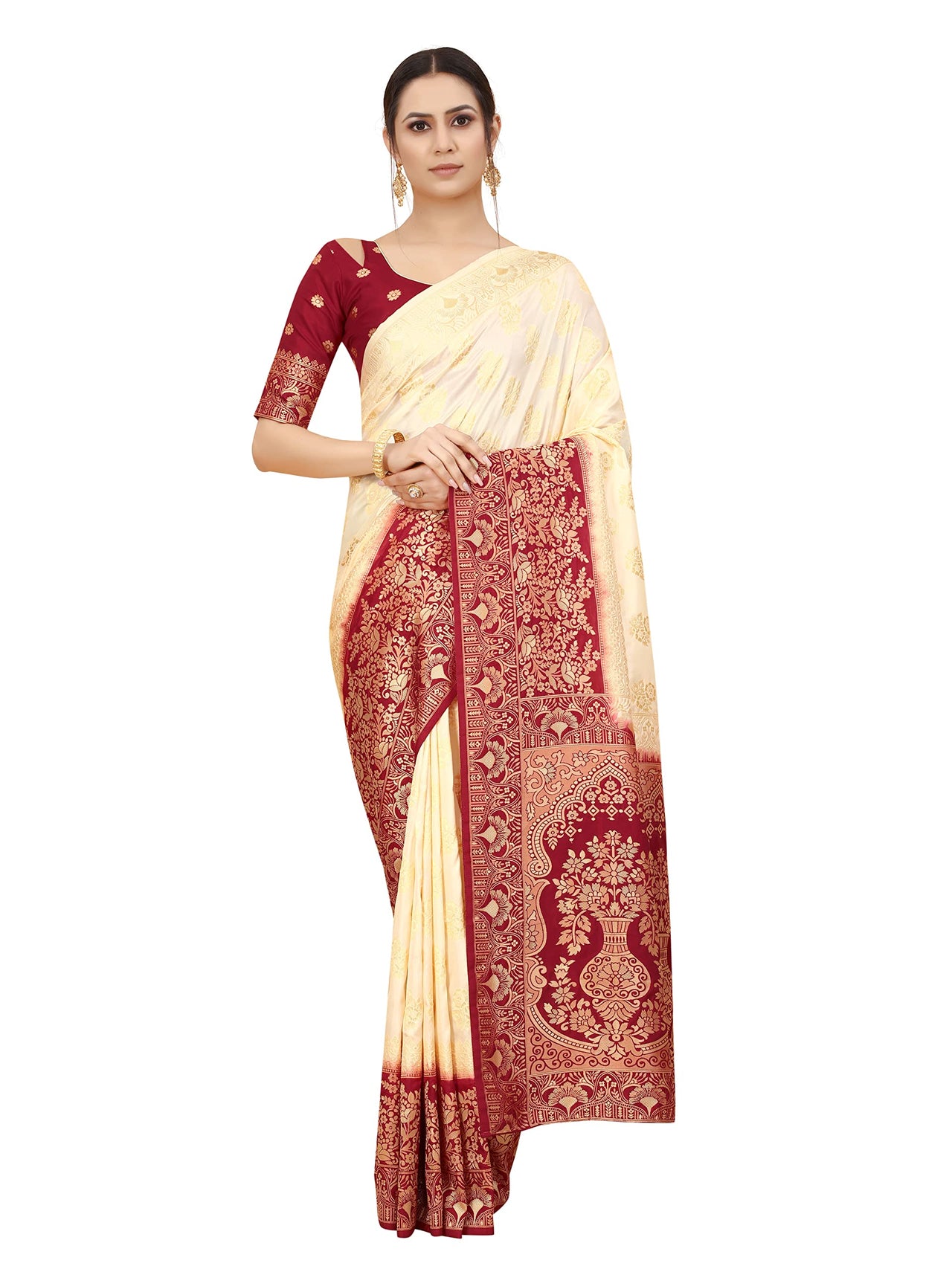 SATYAM WEAVES Women's  Banarasi Cotton Silk Saree With Blouse Piece