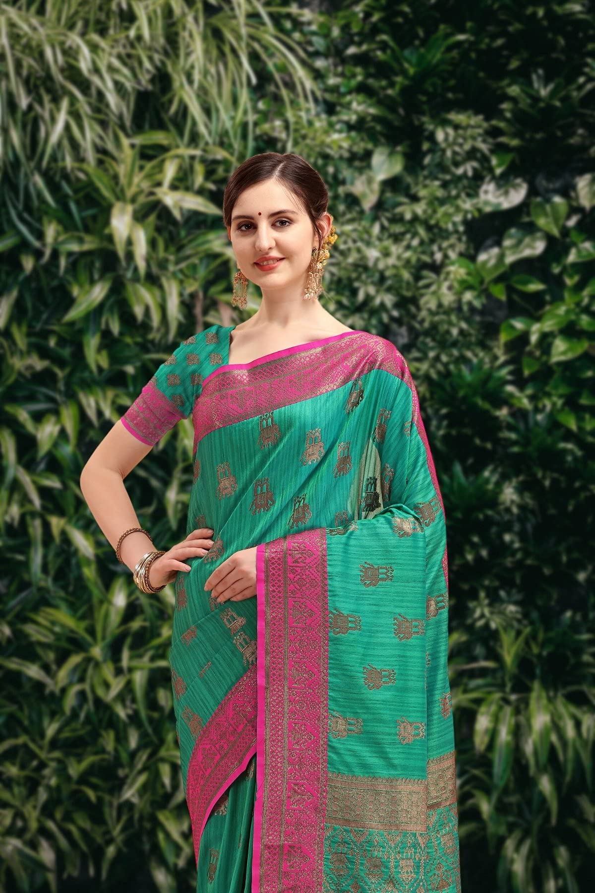 NK Textiles Women's  Elephant Motifs Woven Kanjivaram Ghicha Tussar Silk Saree with Fancy Tassels