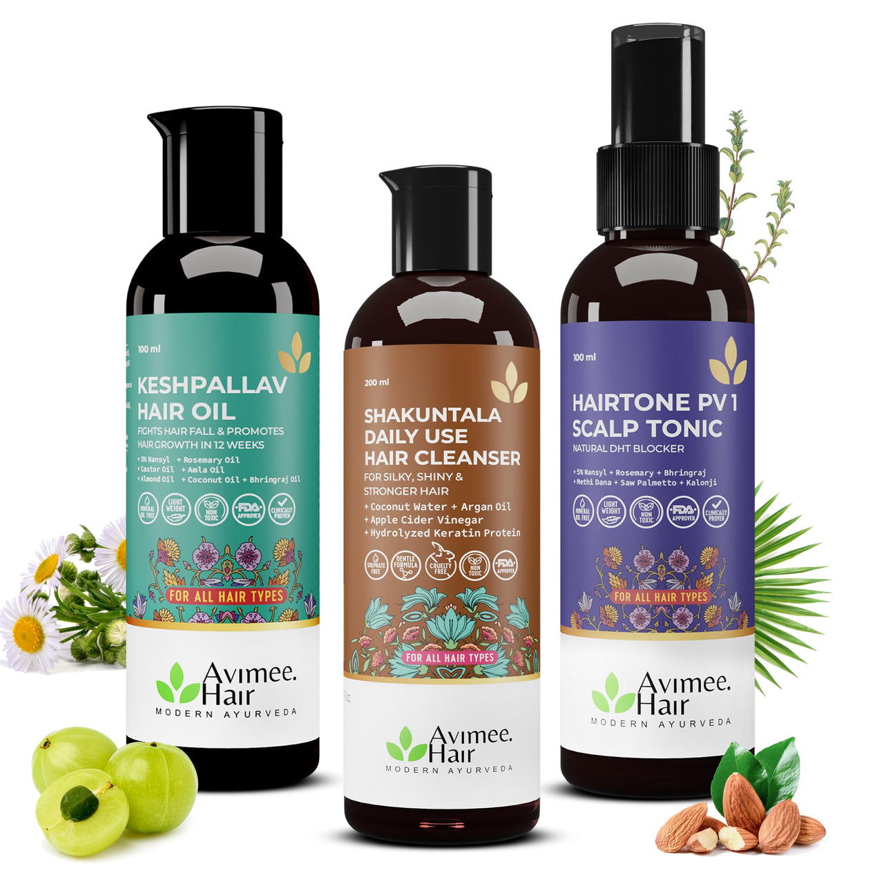 Avimee Herbal Hair Care Kit | For Hair Growth and Nourishment | Keshpallav Hair Oil, 100ml | Shakuntala Hair Cleanser, 200ml | Hairtone PV1 Scalp Spray, 100ml | Hair Care Combo
