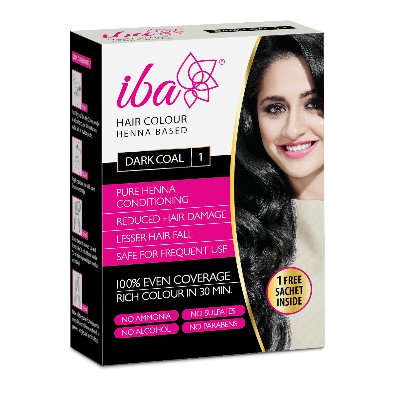 Iba Hair Colour for Women - Dark Coal, 70g | 100% Pure Henna Based Powder Sachet | Natural Hair Colour & Long Lasting with Conditioning Formula | Reduced Hair Fall & Hair Damage | Shine & Nourish Hair | Free from Ammonia and Other Harmful Chemicals | Herb