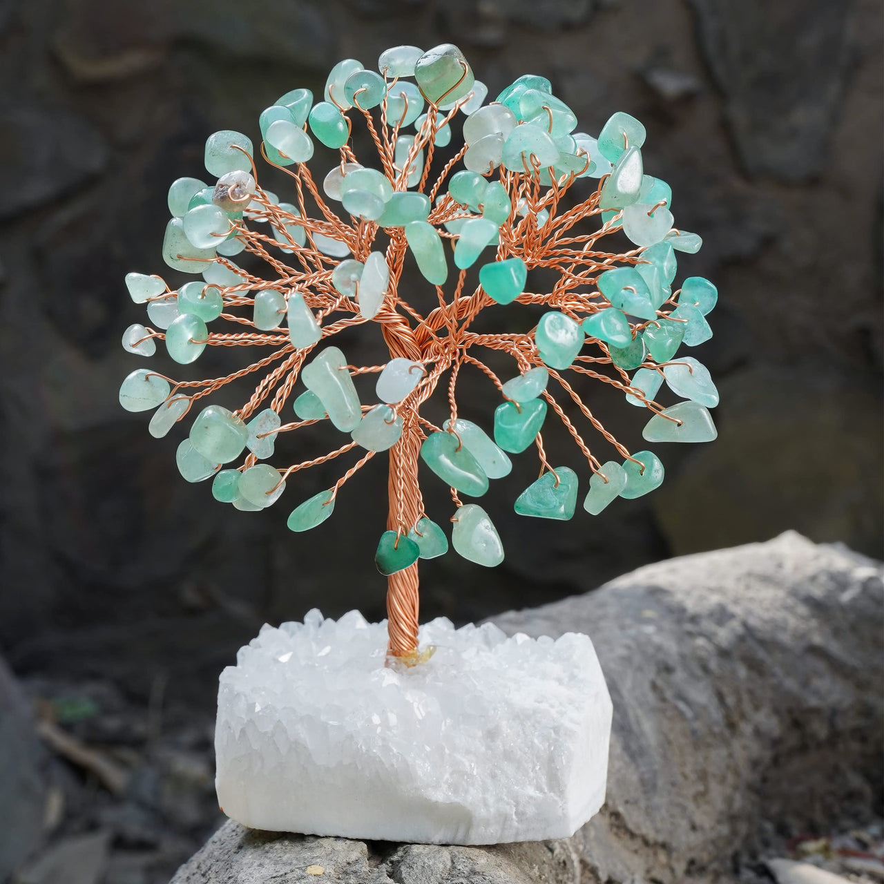 Green Aventurine Chakra Tree of Life - Handmade Crystal Tree for Positive Energy, White Aura Base, Feng Shui Decor - Gemstone Tree, Copper Wire Money Bonsai, Green Healing Crystals, Spiritual Gift Green Aventurine + White Aura Base