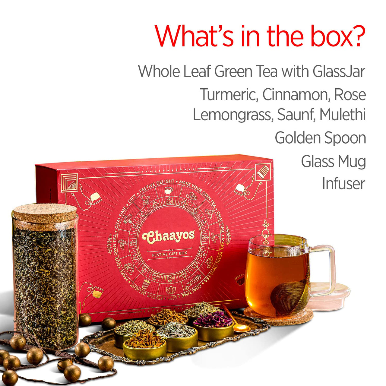 Chaayos Herbal Premium Gift Diwali Hampers | Contains Green Tea with Six natural Ingradients with Steel tea Infuser, Glass Mug & Golden Spoon for Tea & Coaster | Whole Leaf Green Tea Set | Green Tea Gift Box | Diwali Gift pack | Whole Leaf Green Tea Set |