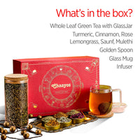 Chaayos Herbal Premium Gift Diwali Hampers | Contains Green Tea with Six natural Ingradients with Steel tea Infuser, Glass Mug & Golden Spoon for Tea & Coaster | Whole Leaf Green Tea Set | Green Tea Gift Box | Diwali Gift pack | Whole Leaf Green Tea Set |