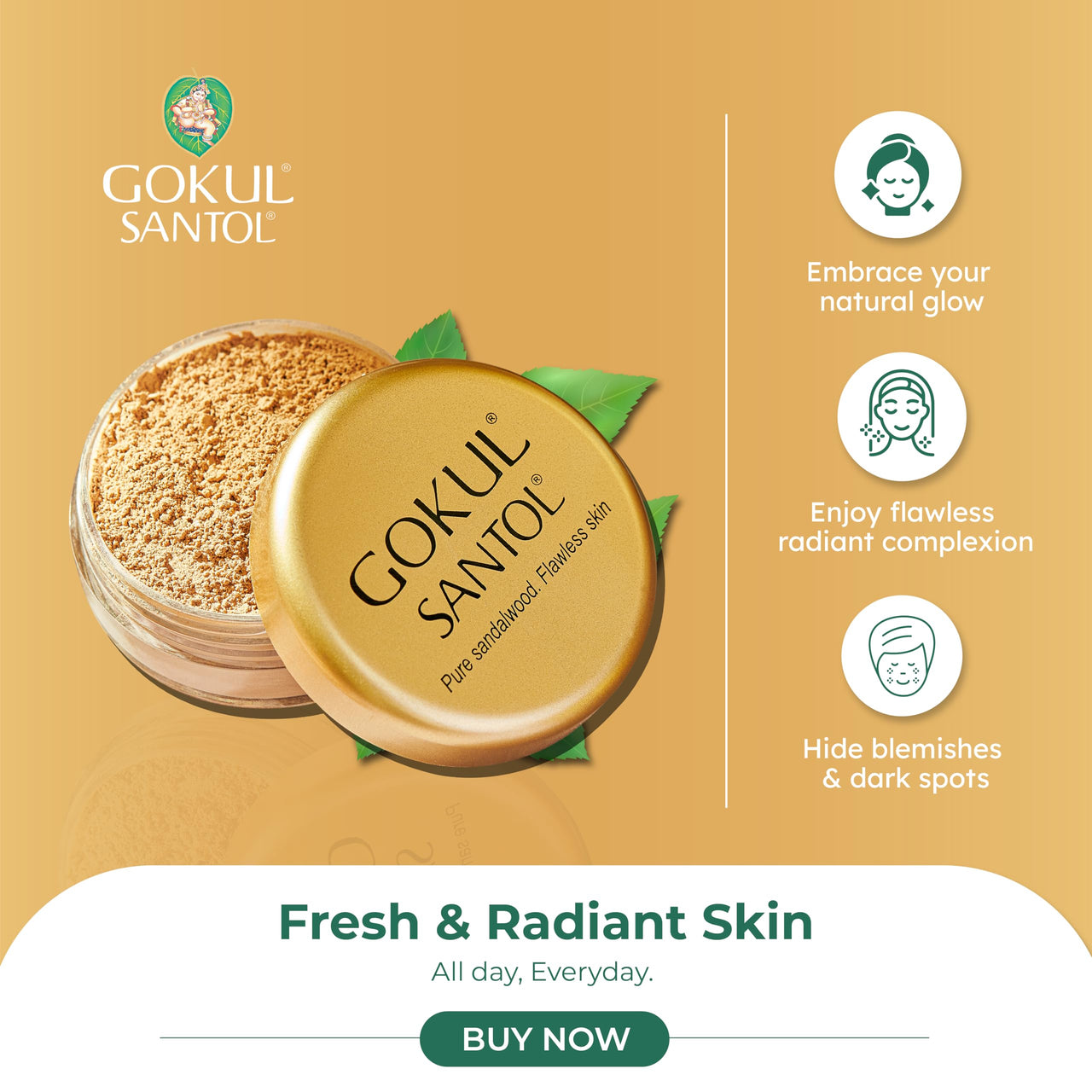 Gokul Santol Pure Sandalwood Makeup Powder - Flawless Skin, Blemish-Free Coverage for All Skin Types | 10g | Mattifying, Refreshing, Soothing, Brightening Formula