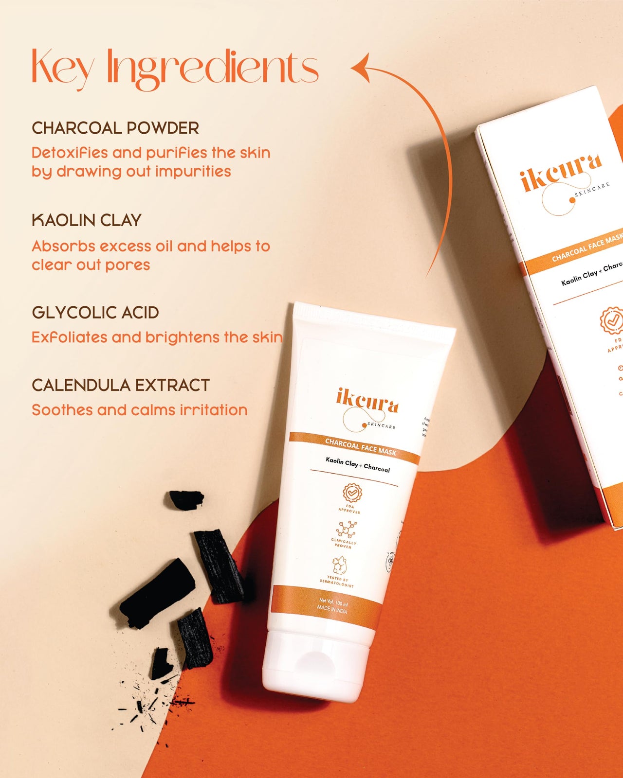 Ikcura Charcoal Face Mask with Kaolin Clay, Charcoal | Deep Cleansing, Oil Absorption, Detoxifying & purifying your Skin, Exfoliation and Brightening Skin, 100ml