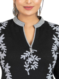 Rosary Women's  Woolen Winter Wear Mandarin Neck Full Sleeve Two Side Pocket Straight Kurta with Palazzo & Stole Set of 3 pc M Navy