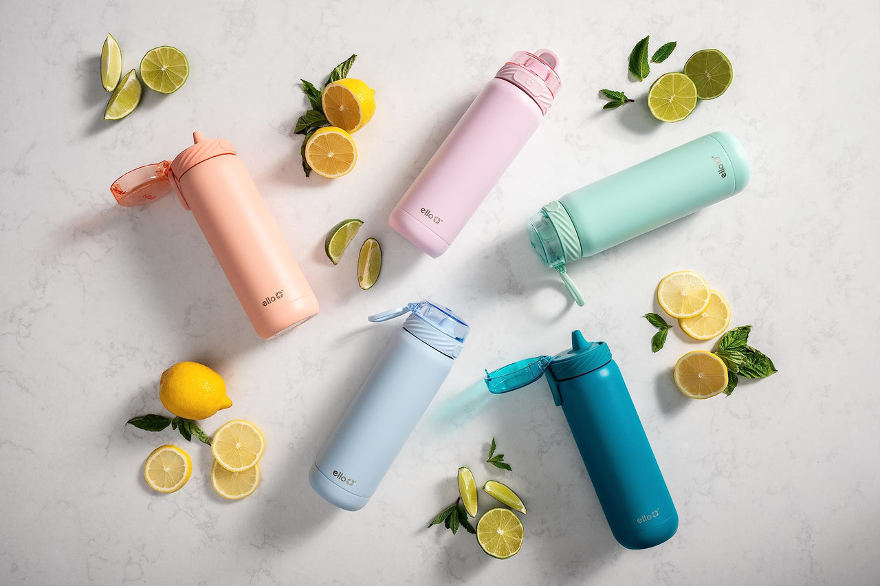 Ello Cooper Stainless Steel Water Bottle with Straw and Carry Handle, Double Walled and Vacuum Insulated Metal, Leak Proof Locking Lid with Soft Silicone Spout, Reusable, BPA Free, 22oz, 32oz, 40oz Antigua