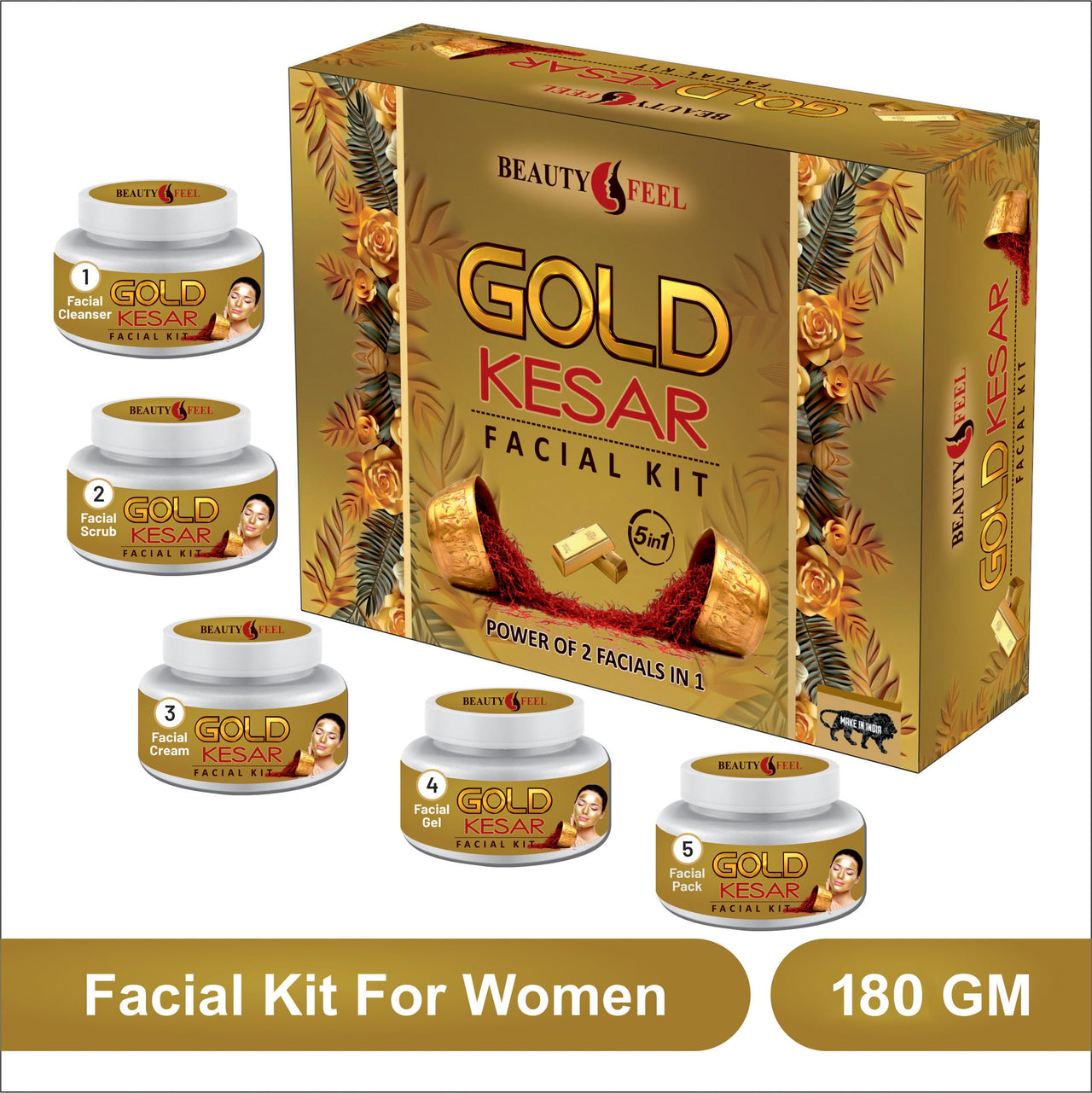 Beauty Feel Professional Gold Kesar Facial Kit For Facial, Cleanser + Scrub + Massage Cream + Facial Gel + Face Pack [Set of 5] 180 gm