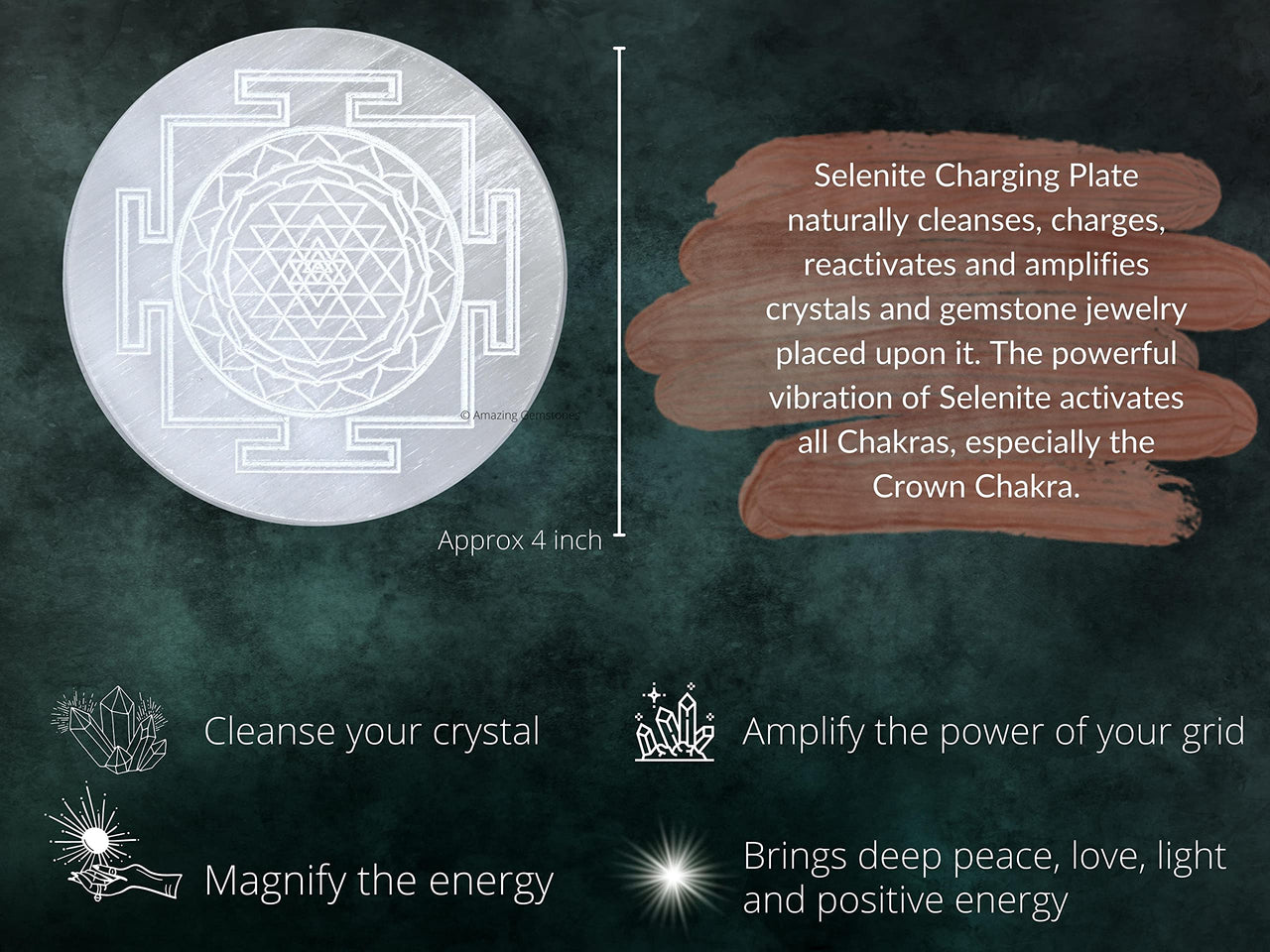 Selenite Crystal Charging Plate For Crystals And Healing Stones, 4.5" Selenite Crystal Plate Engraved Sri Yantra Coaster For Home Office Table Decor (Selenite Round Disc)