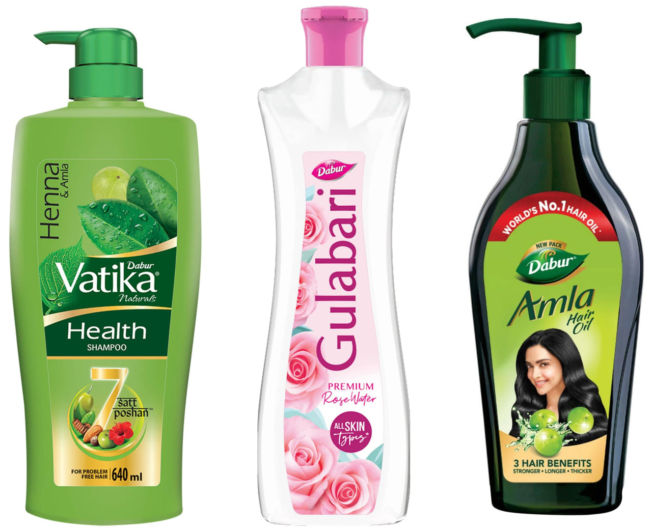 DABUR Vatika Health Shampoo - 640ml & Dabur Gulabari Premium Rose Water with No Paraben for Cleansing and Toning, 400 ml & Dabur Amla Hair Oil - for Strong, Long and Thick hair - 550 ml