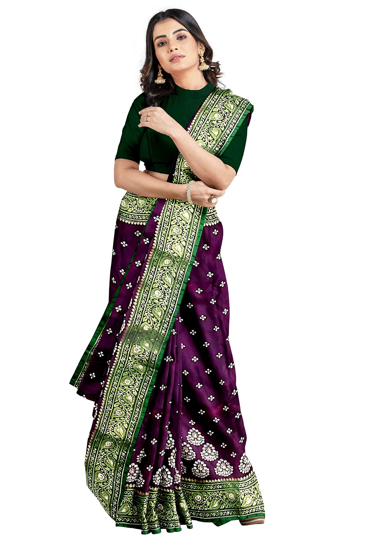 Shravanya Women's  Banarasi Silk Saree with Designer Embroidery and Stone Work with Jacquard Pallu, Border and Plain Unstitched Blouse Piece