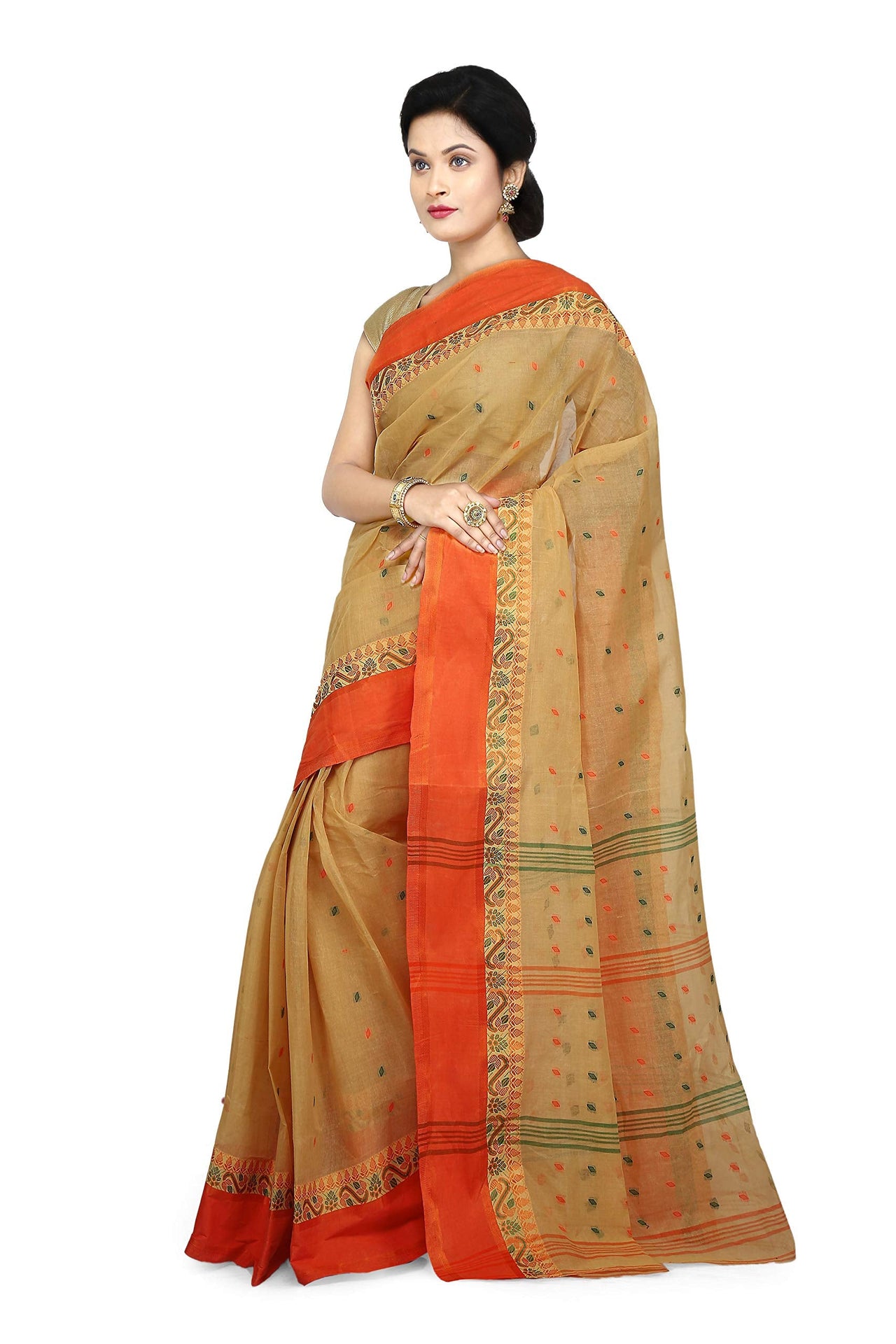 WoodenTant Women's  Handloom Cotton Tant Saree with Buti Work without blouse piece