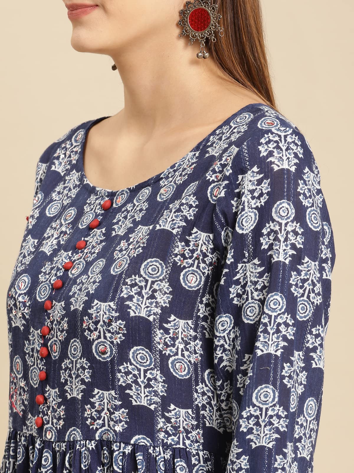 rangita Women 100% Cotton Blue Indigo Printed Calf Length Kurti Gathered at Waist