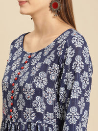 rangita Women 100% Cotton Blue Indigo Printed Calf Length Kurti Gathered at Waist