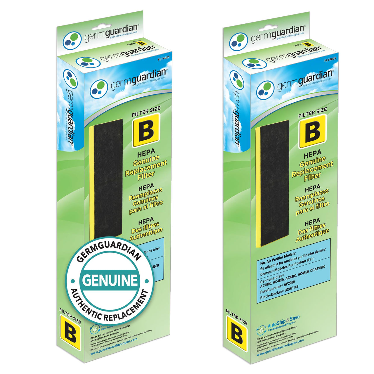 GermGuardian Filter B HEPA Pure Genuine Replacement Filter, Removes 99.97% of Pollutants for AC4825, AC4300, AC4900, AC4825DLX, AC4850, CDAP4500, AP2200, 4-Pack, Black/Yellow, FLT48254PK 4 pack