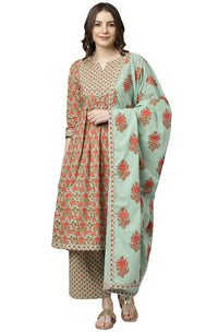 Janasya Women's  Light Green Cotton Kurta With Palazzo And Dupatta