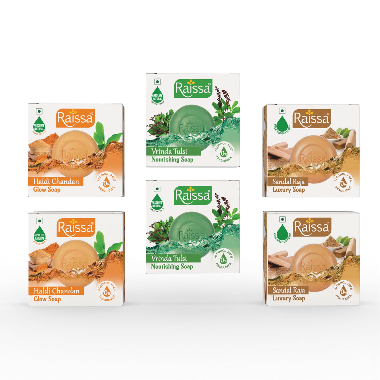 Raissa Bath Soap, 85g (Pack of 6) Vrinda Tulsi, Haldi Chandan, Sandal Raja | Alcohol-Free Fragrance | No Harsh Chemicals