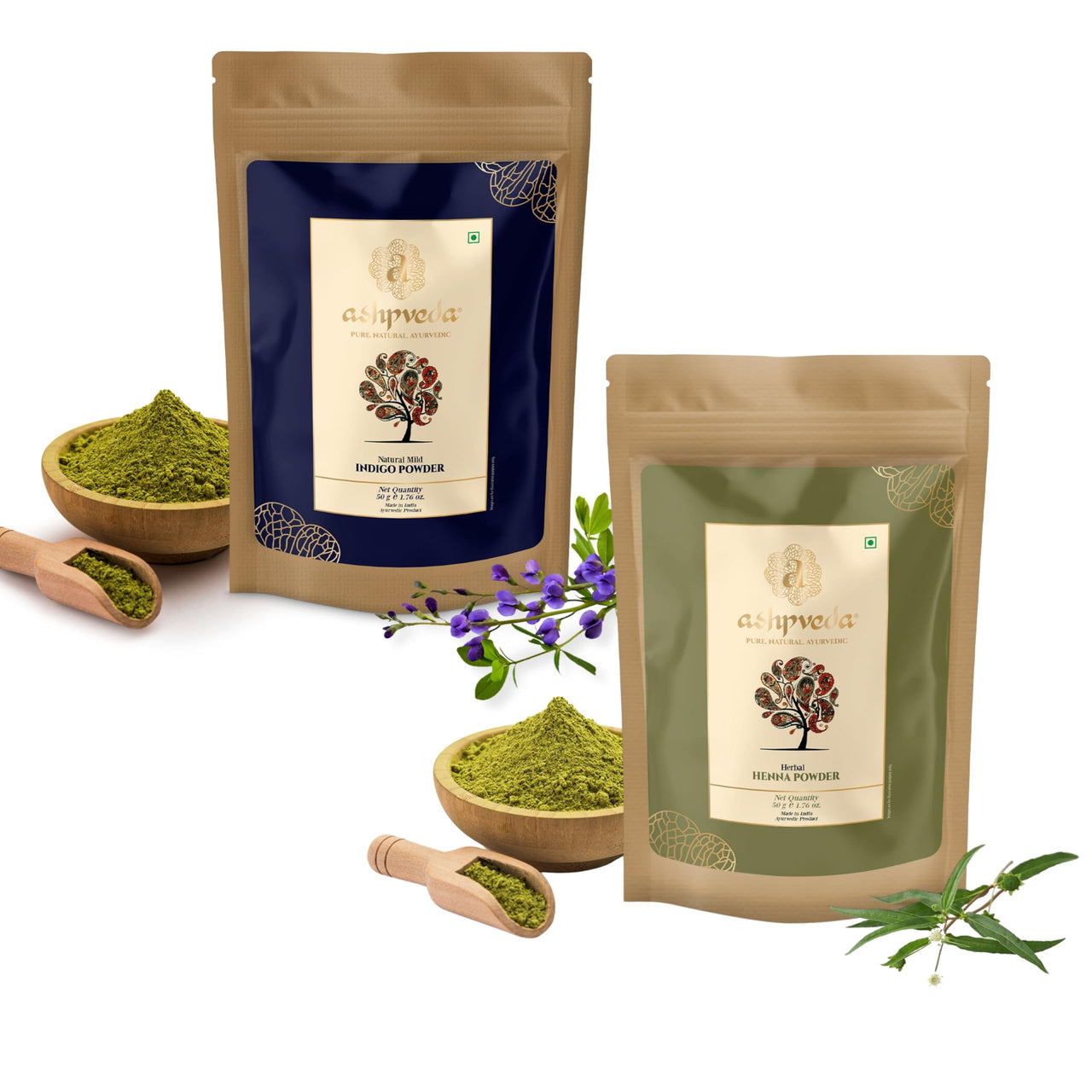 Ashpveda Natural Hair Colour for Women | Henna & Indigo Combo | 100% Pure Herbal Colour (50 gm Pack of Each)