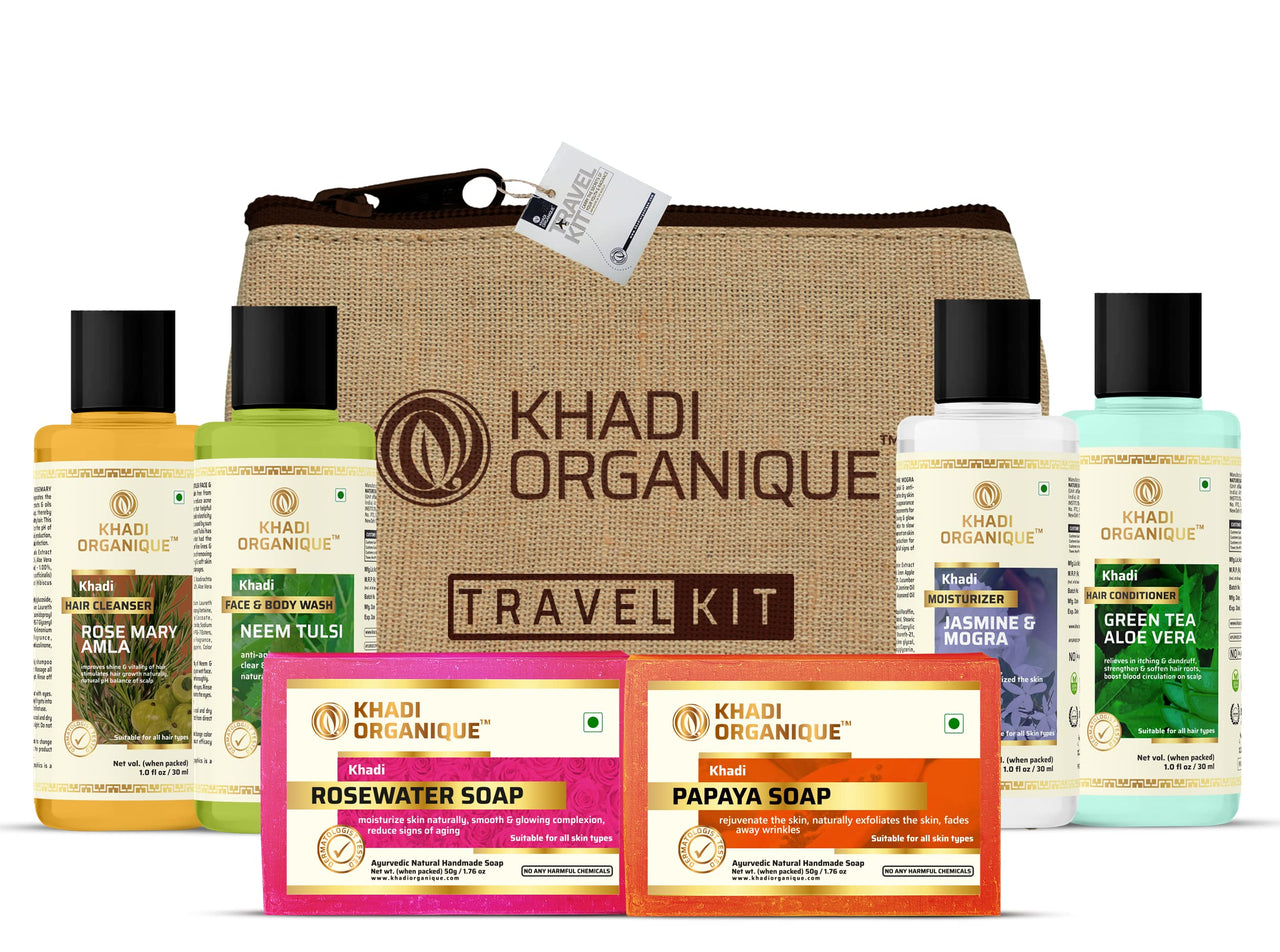 khadi Organique Grooming Travel Kit Men & Women (2 Soap X 50gm each, 1 Shampoo 30ml,1 Conditioner 30ml, 1 Moisturiser 30ml, 1 Face Wash 30ml) 6 pcs in Set (Travell Kit Pack of 1))