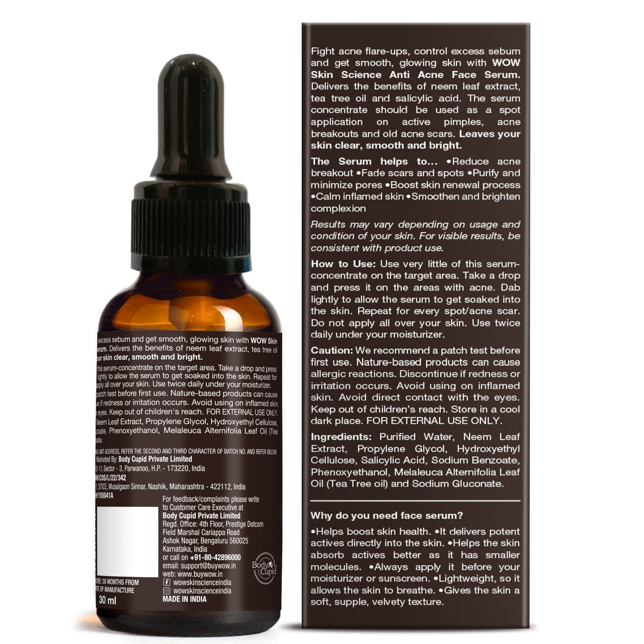 WOW Skin Science Anti Acne Face Serum | Natural Neem Leaf & Tea Tree Oil | Reduce Spots, Skin Repair, Pimple Free, Bright Skin | No Parabens | Face Serum for Women & Men | 30 ml