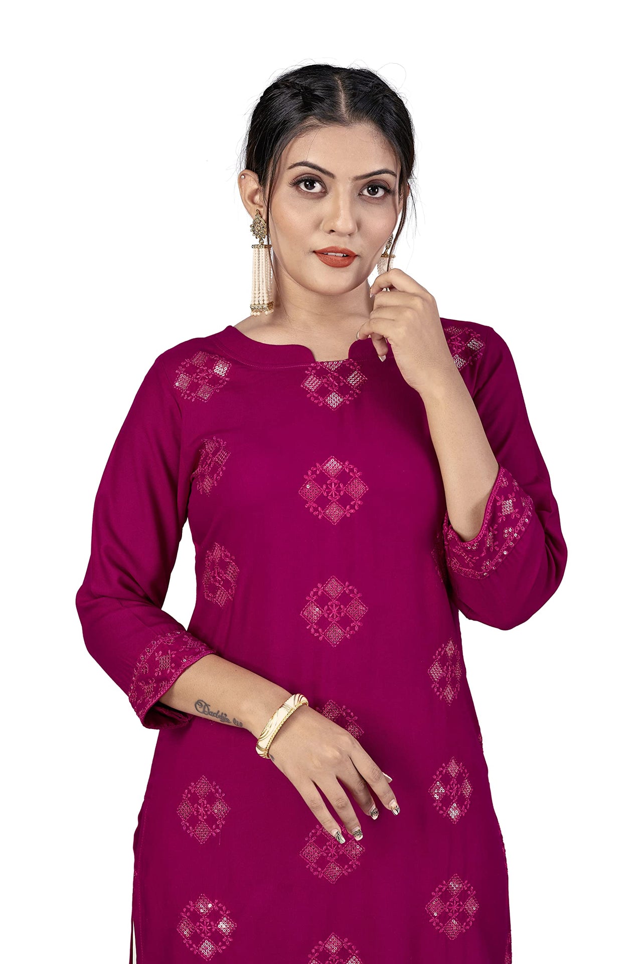 Fashion Dream Women Viscose Rayon Sequence Embroidered Straight Kurti