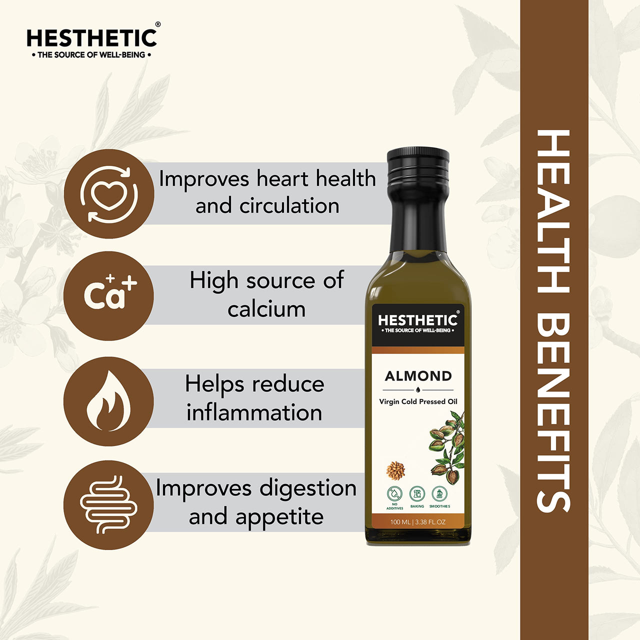 HESTHETIC Premium Virgin Cold Pressed Sweet Almond (Badam) Oil – 250ml, 100% Pure & Natural, Rich in Vitamin E, Moisturizing Oil for Skin, Hair & Nails, Cold-Pressed, Glass Bottle