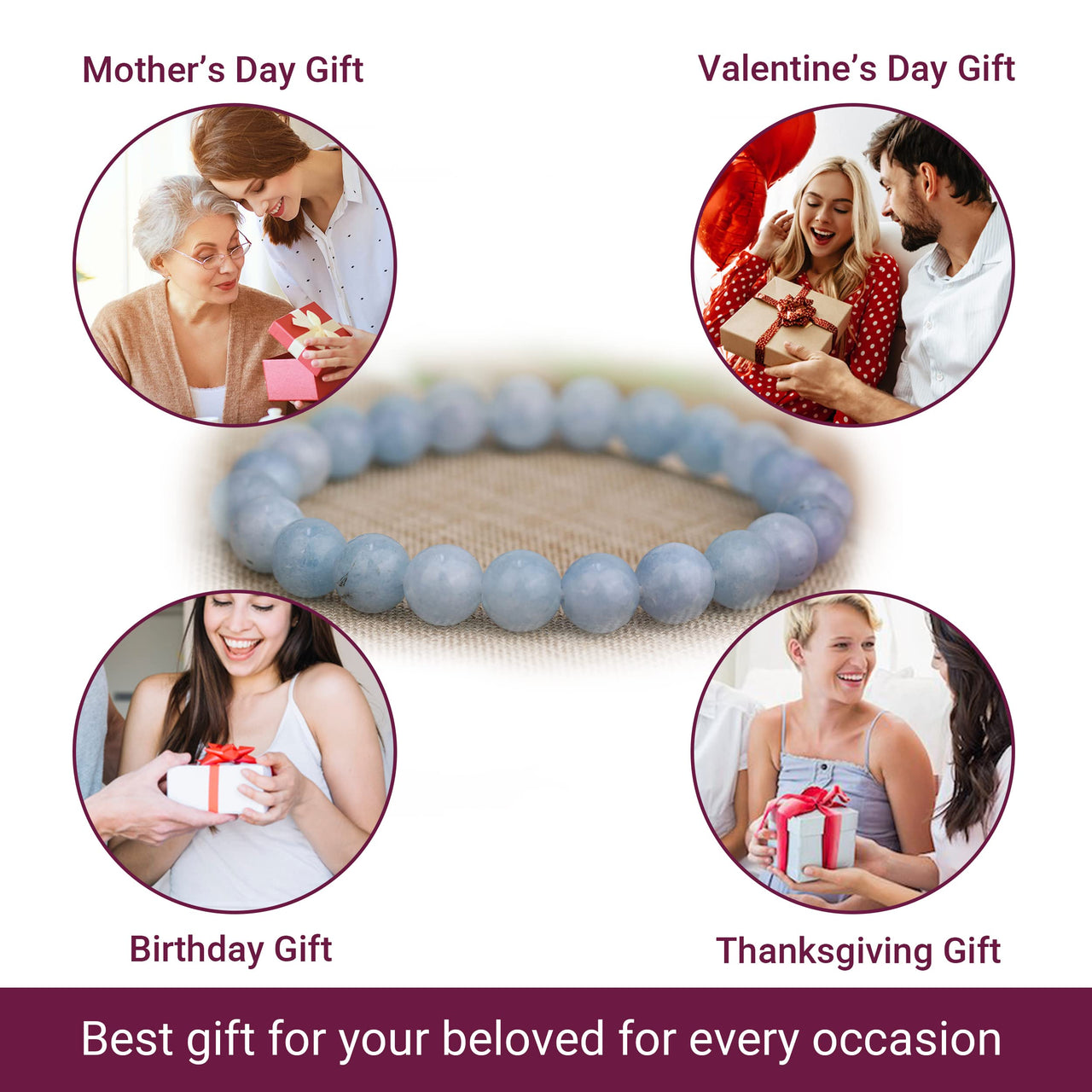 Crystal Vibe Handmade Natural Aquamarine Bracelet for Women - Stretchable 8mm Bead Bracelet - Adjustable size - Real Aquamarine Stone Healing Bracelet for Women