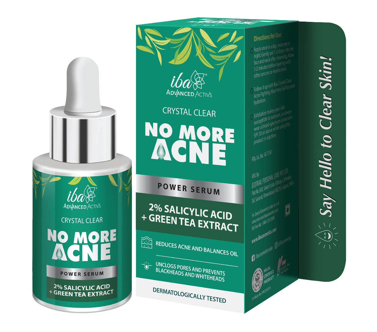 Iba Crystal Clear No More Acne 2% Salicylic Acid Power Serum | For Acne, Pimples, Blackheads & Open Pores | For Oily or Combination Skin | Halal Certified & Vegan - 30 ml