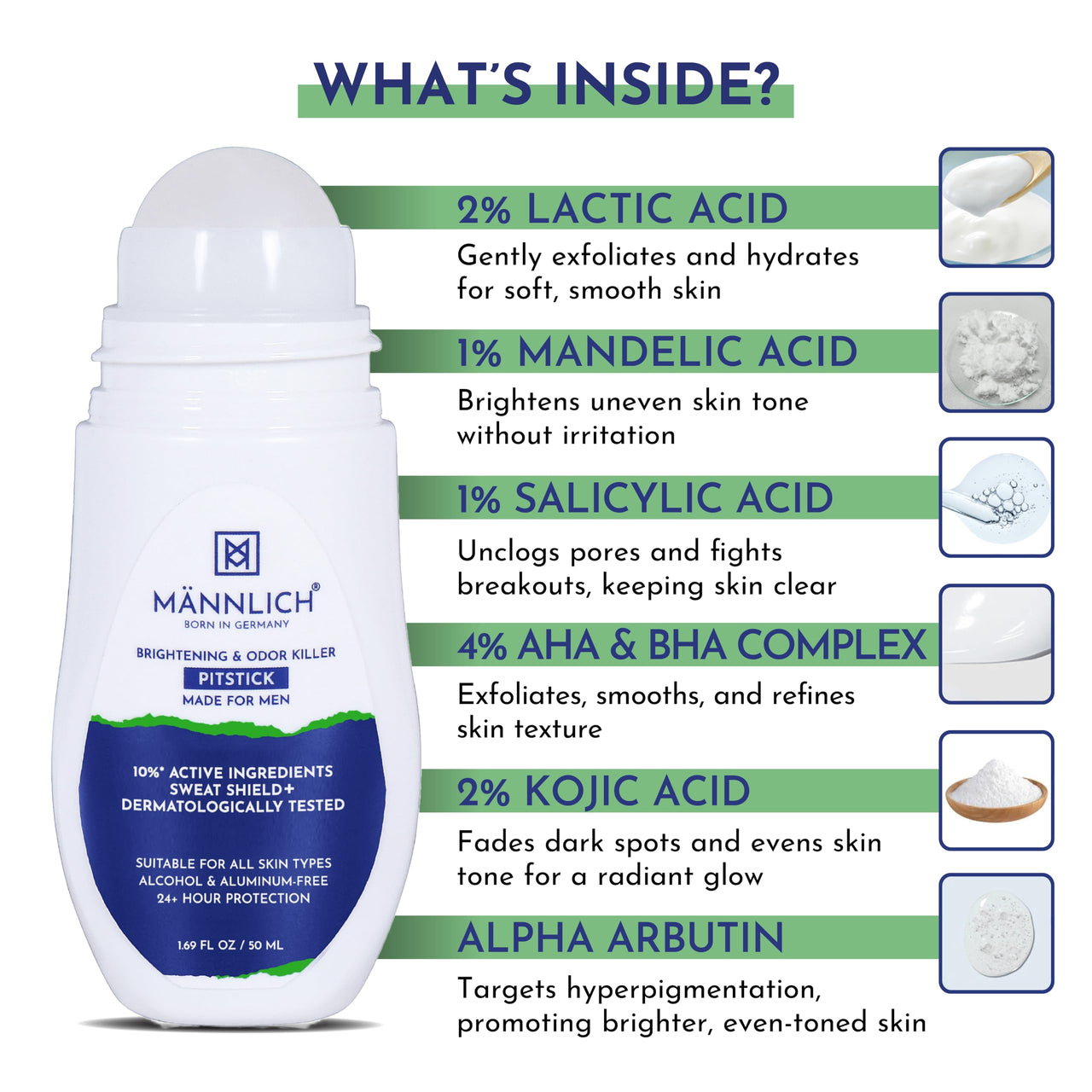Mannlich Underarm Roll-On for Men, 2% Kojic & Salicylic Acid, Lactic Acid, Alpha Arbutin, 4% AHA & BHA | Brightens Skin, Reduces Pigmentation, Exfoliates & Prevents Body Odor | Alcohol & Aluminum Free, Dermatologically Tested- 50ml