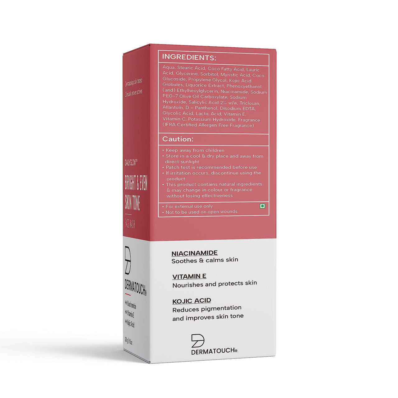 DERMATOUCH Bright & Even Tone Face Wash with Niacinamide, Vitamin E and Kojic Acid | Daily Gentle Face Wash For Tan, Pigmentation, Uneven Tone - 30G