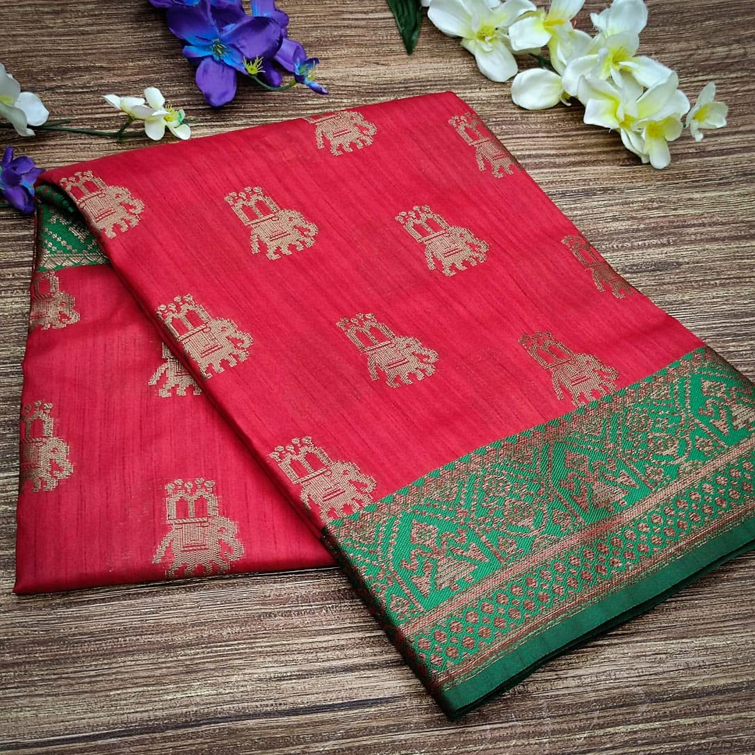 NK Textiles Women's  Elephant Motifs Woven Kanjivaram Ghicha Tussar Silk Saree with Fancy Tassels