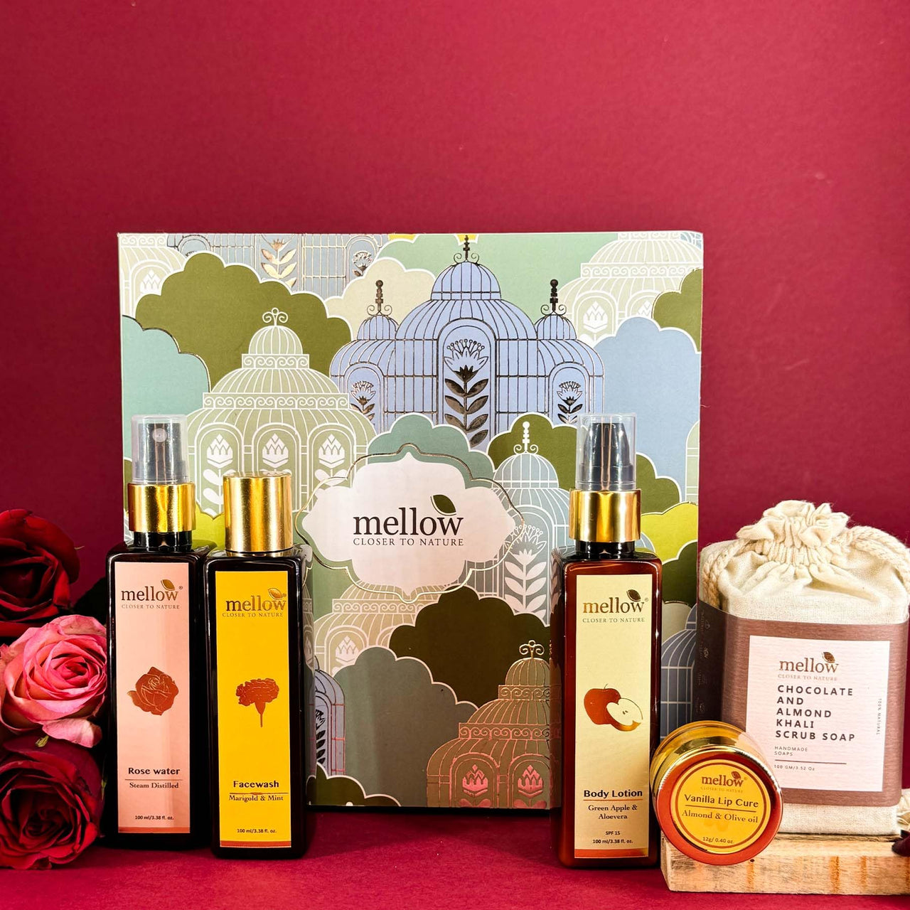 Mellow Must Have Eessential Gift Box | Rose water-100ml, Marigold & mint facewash-100ml, Chocolate and almond Scrub Soap with wooden soap tray-100g, Green apple Body Lotion-100ml, Lip cure-12g