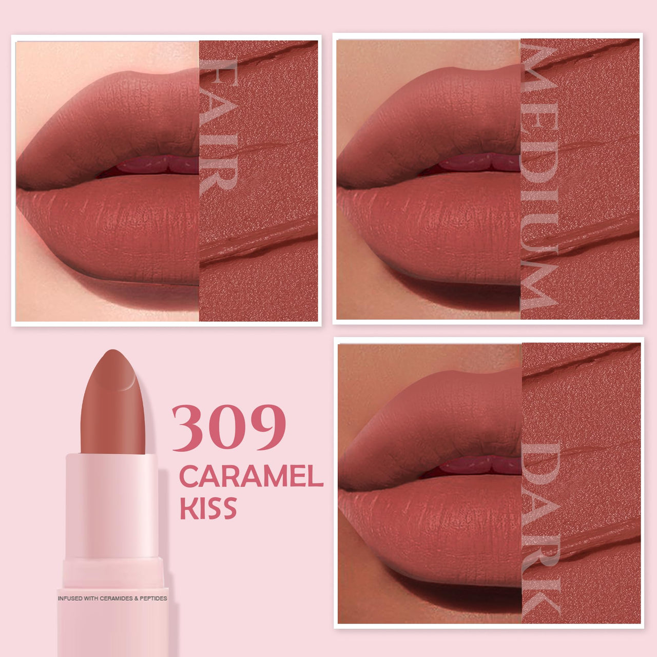 Glamveda Creamy Matte Long Lasting Lipstick with Ceramides & Peptides, Lightweight, 12 Hour Wear, Smudgeproof & Transferproof - Caramel Kiss 309