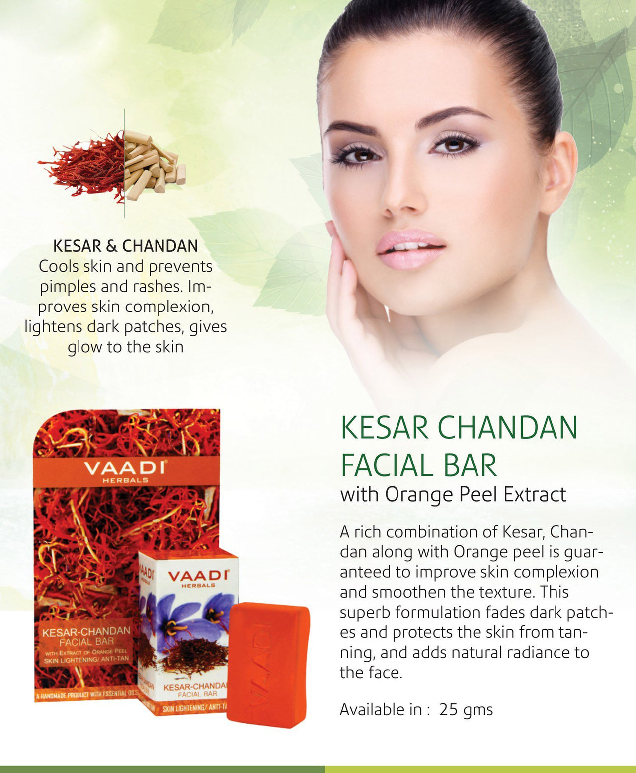 Vaadi Herbals Kesar Chandan Facial Bar with Extract Orange Peel, 25g