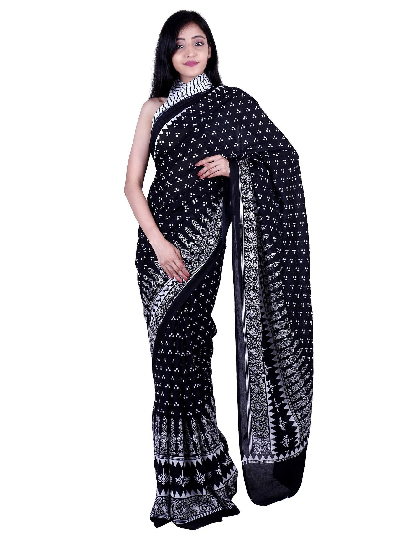 Kwatchi women & girls 100% pure cotton mulmul,Sanganeri Block Print, Traditional Ethnic Un stiched Blouse Piece (Black) Black