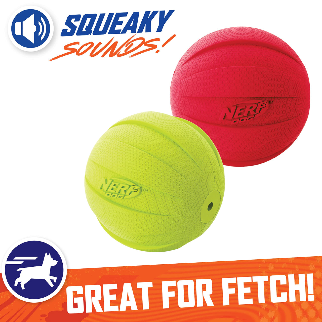 Nerf Dog Classic Ball Dog Toy with Interactive Squeaker, Lightweight, Durable and Water Resistant, 3.8 Inches, for Medium/Large Breeds, Two Pack, Green and Red 2-Pack