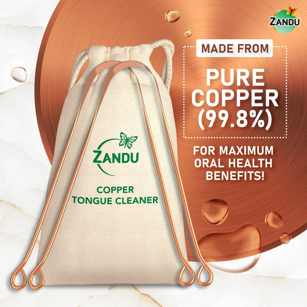Zandu Copper Tongue Cleaner (Pack of 2) :An Anti-Microbial Tongue Cleaner for Managing Oral Health | Reduces Bad Breath & Supports Digestive Health | Comfortable & Flexible Handle | Easy & Safe to Use