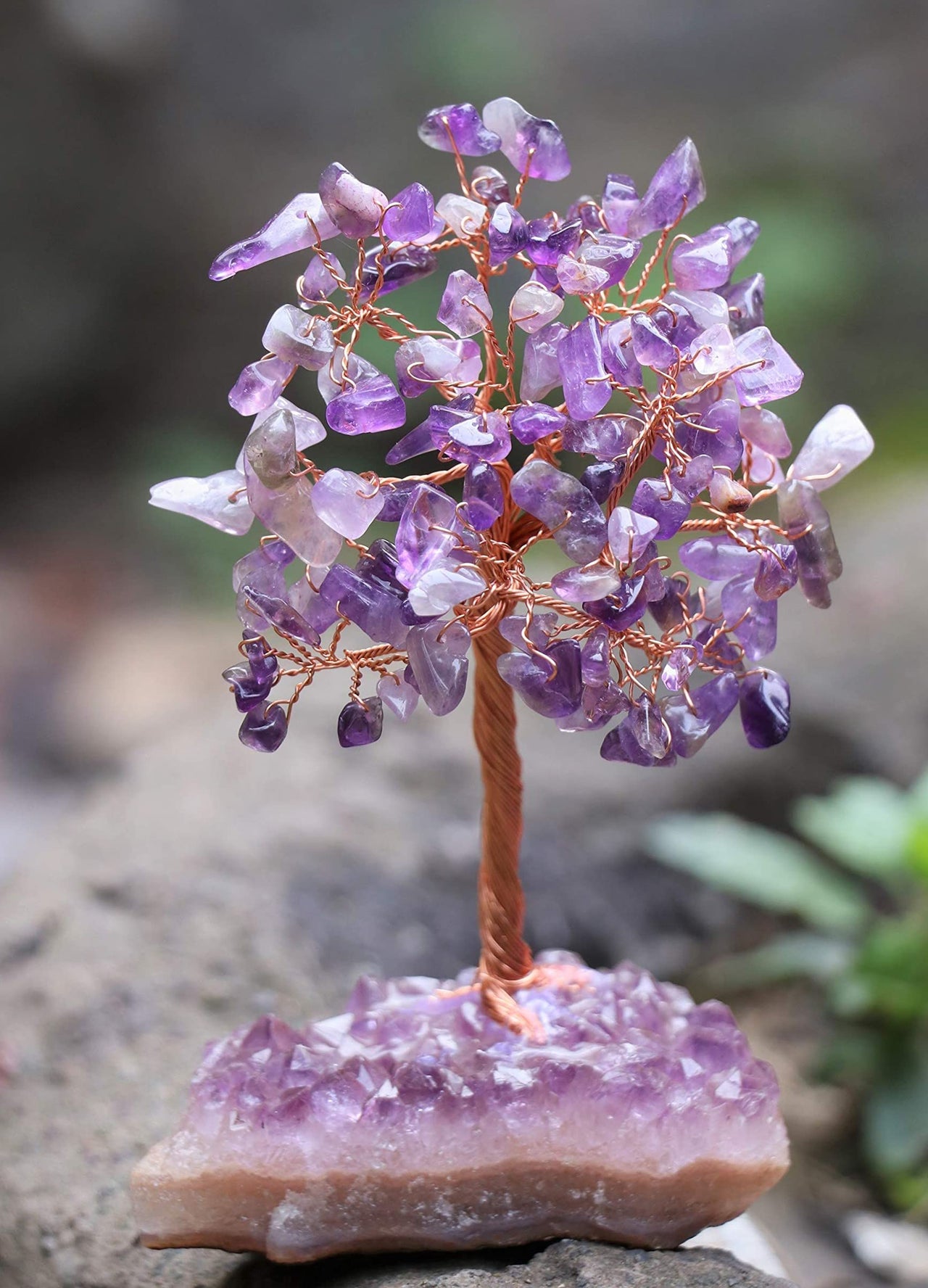 Amethyst Chakra Tree of Life - Natural Amethyst Cluster Base, Crystal Tree for Positive Energy, Handmade Gemstone Tree, Feng Shui Decor - Wire Money Tree Bonsai, Purple Healing Crystal, Spiritual Gift Ac Amethyst Cluster Base
