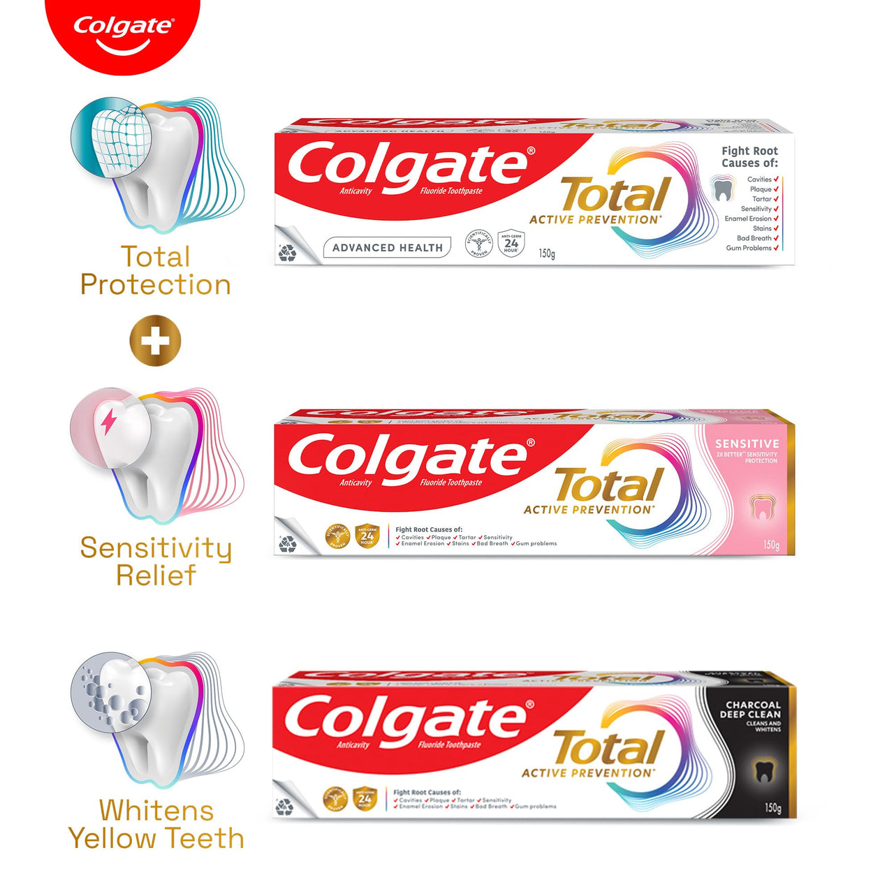 Colgate Total 300gm (2 x 150gm) Advanced Health Anti-Germ Toothpaste, Tooth Paste with 12-Hour Anti-Germ Protection, Whole Mouth Health (Combo Pack Offer)