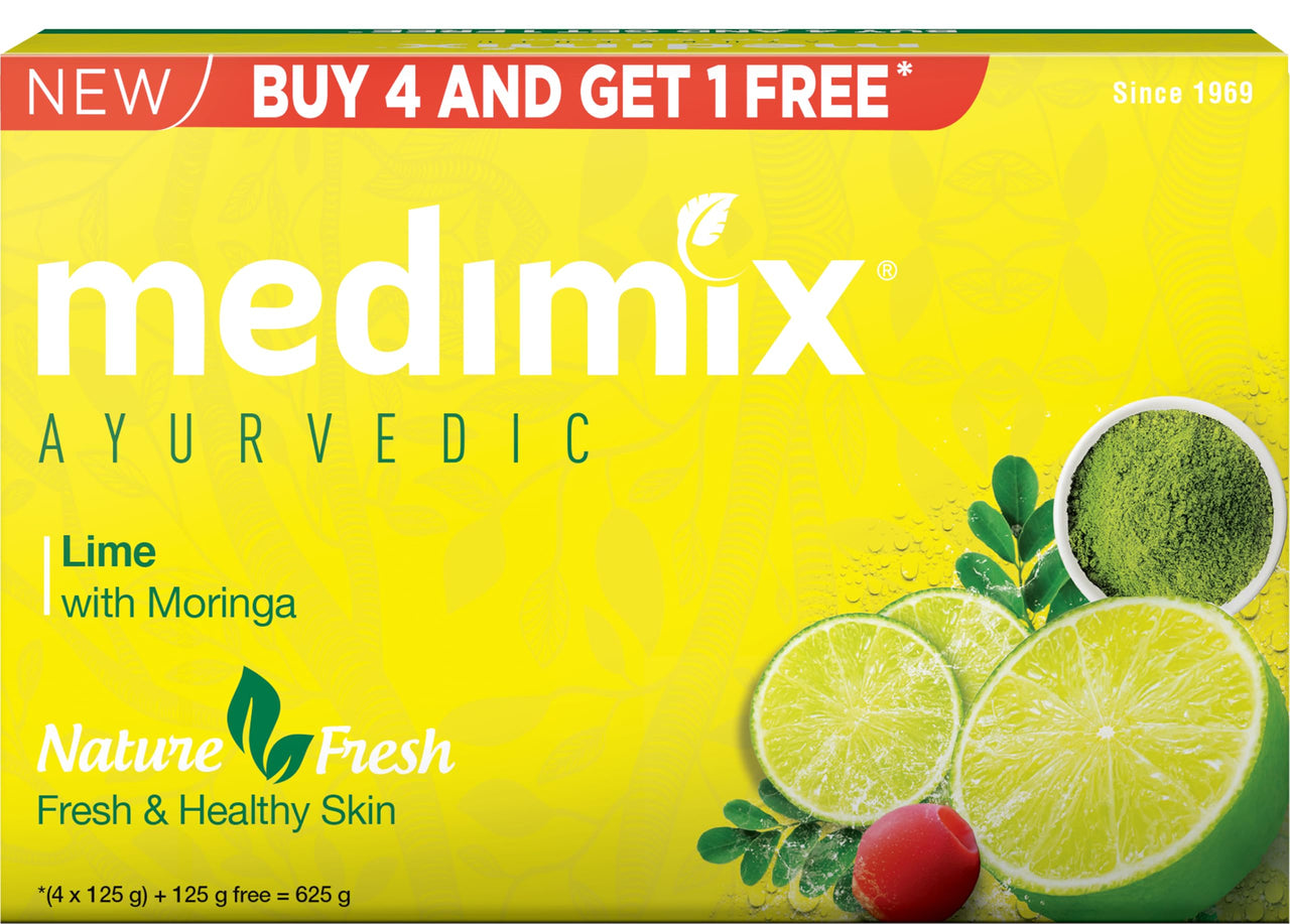 Medimix Ayurvedic Lime with Moringa Bathing Bar Soap 125g (Buy 4, Get 1 Extra Combo Pack) | Refreshed & Nourished Skin | Shop Herbal | Natural | Paraben-free & Sulphate-free | 100% Vegan