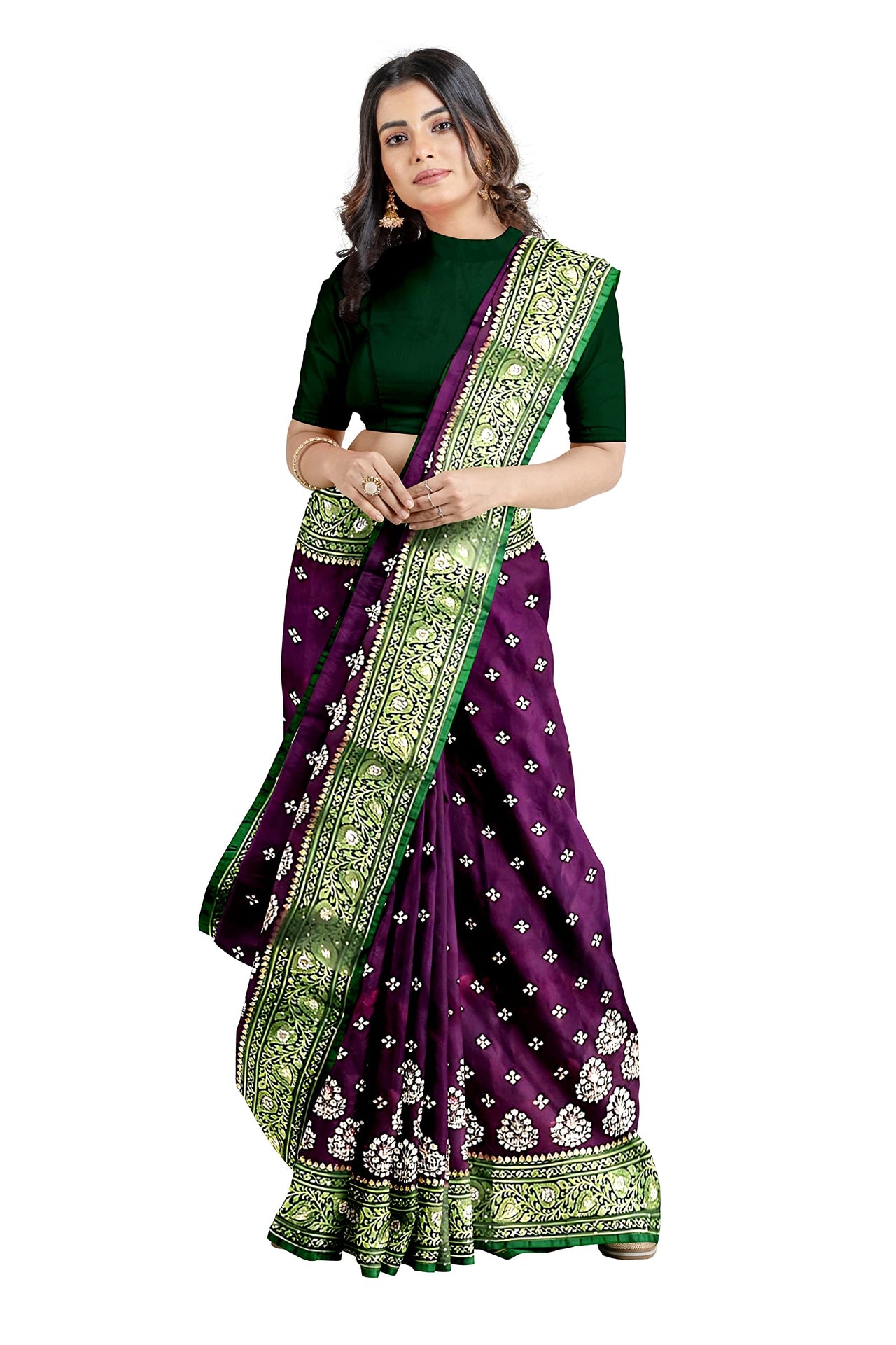 Shravanya Women's  Banarasi Silk Saree with Designer Embroidery and Stone Work with Jacquard Pallu, Border and Plain Unstitched Blouse Piece